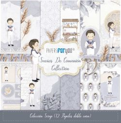 PFY-13425 - Colección 12 Papeles Scrap doble cara 180gr 12''x12'' (Sueños De Comunión Niño Moreno)- pack 3 ud.